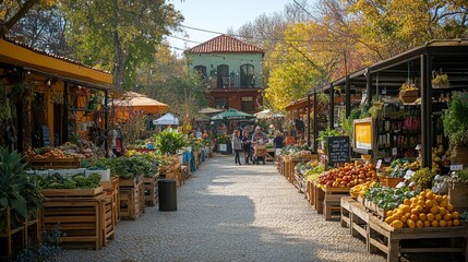 Wide shot of mix-use development courtyard during farmers market with vendors and local residents interacting