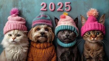 Cute dogs and cats celeberate 2025 Happy New Year ,Animal Party ,wear party hats, with "2025" written in a playful by fun font.