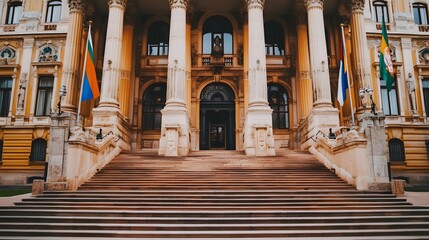 International court facade with grand architecture and flagpoles, symbolizing justice and global cooperation in resolving disputes.