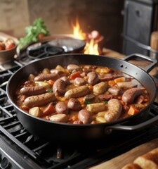 Sausage and chicken stew simmering on the stove, aromatic spices, stovetops, cooking stoves