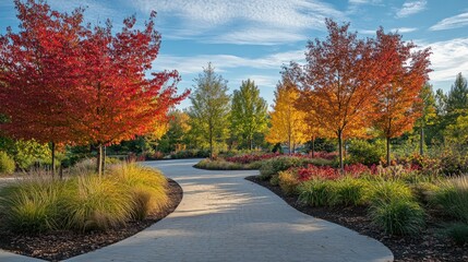 Naklejka premium An autumn walkway lined with colorful trees in a park reflects the beauty of autumn colors.