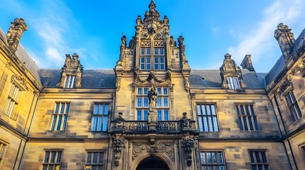 Fototapeta premium International court facade with grand architecture and flagpoles, symbolizing justice and global cooperation in resolving disputes.