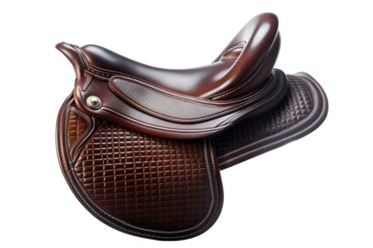 High-quality brown leather saddle with quilted padding displayed on a white background for equestrian enthusiasts