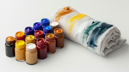 A set of acrylic paints with a neck cushion beside it, representing creativity and comfort, isolated on white background