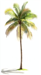 A vibrant green palm tree against a clean white background, showcasing its tall stature and lush fronds.