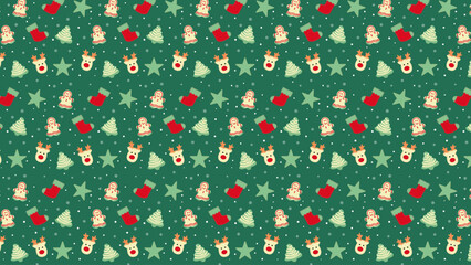 Christmas seamless pattern doodle of tree glove sock cookies candy cane. Happy New Year background. For print, menu, wrapping paper, wallpaper, packaging, banner, poster, header