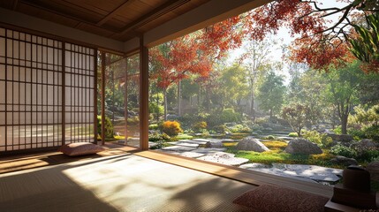 Japanese ryokan-inspired luxury hotel, tatami mats, shoji screens, serene garden view, 