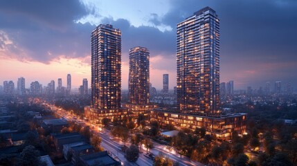 Fototapeta premium Dramatic sky view of mix-use towers with storm clouds creating moody atmosphere