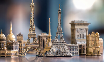 whimsical collection of miniature Eiffel Towers and famous landmarks playful souvenir display