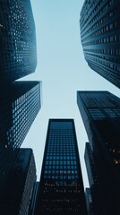 A dramatic view of towering skyscrapers against a clear sky, showcasing urban architecture and modern design.