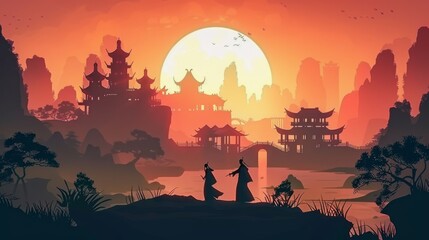 A traditional village with pagoda-style roofs, set against a backdrop of mountains and a setting sun, creating a serene and picturesque scene