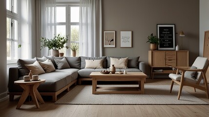 Cozy living room interior, Scandinavian style. Wooden furniture and elegant.