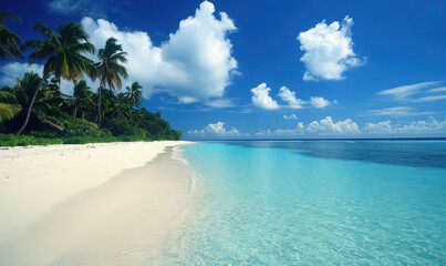 Fototapeta premium Serene tropical beach turquoise water white sand palm trees sunny sky