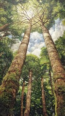 Fototapeta premium Tall coniferous trees stretch towards the sky, bathed in sunlight, creating a serene forest atmosphere.
