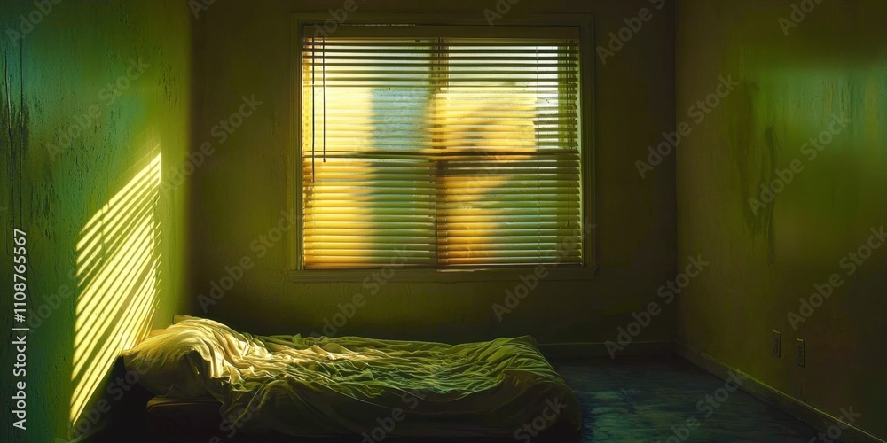 Poster Bed with a white sheet and a window in the background