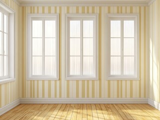 Fototapeta premium Bright and Airy Interior Space with Light Yellow Striped Wallpaper and Large Windows Inviting Natural Light into a Spacious Room Design