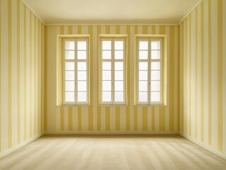 Fototapeta premium Bright and Airy Room with Yellow Striped Walls and Large Windows Illuminating Minimalist Space for Interior Design Inspiration