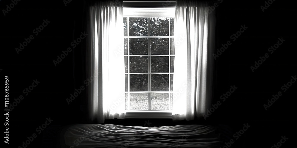 Poster window with white curtains is open