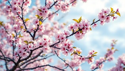 Fototapeta premium Cherry Blossom Branches Against a Bright Blue Sky: A Stunning Spring Display