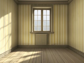 Obraz premium Bright and Spacious Empty Room with Yellow Striped Walls and Wooden Floor Offering Natural Light and a Welcoming Atmosphere for Creative Interior Design Ideas