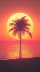 Obraz premium A solitary palm tree silhouetted against a vibrant sunset, casting a tranquil mood over serene waters.