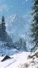 Fototapeta premium A serene winter landscape featuring snow-covered mountains, evergreen trees, and a tranquil river under a gentle snowfall.