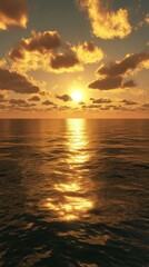 Obraz premium A breathtaking sunset over calm ocean waters, with golden hues reflecting on the surface and vibrant clouds in the sky.