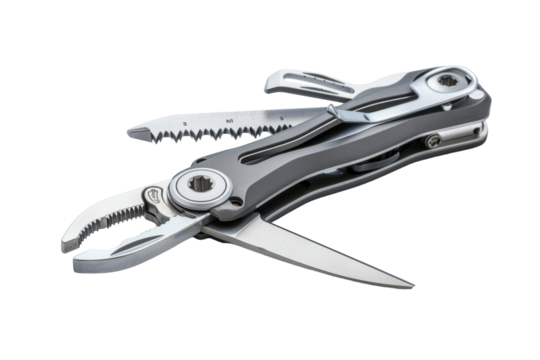 Multi-tool with various functions including pliers, knife, and saw for outdoor and emergency tasks