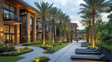 Obraz premium Evening shot of mix-use building outdoor fitness area with lighting design