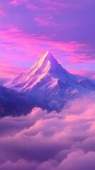 Fototapeta premium Majestic mountain peak bathed in a vibrant purple sunset, surrounded by soft, fluffy clouds.
