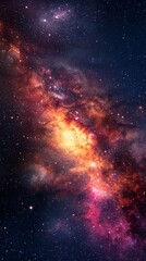 Dazzling view of a vibrant galaxy filled with stars and cosmic dust in mesmerizing hues of orange, pink, and purple.