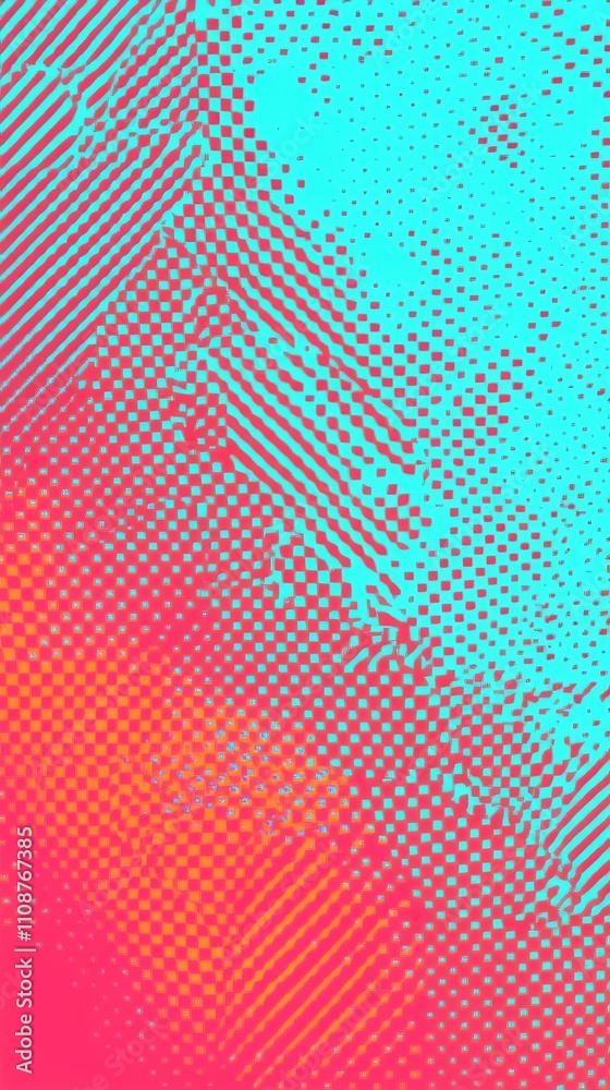 Poster vibrant abstract design featuring red and turquoise hues with dotted patterns, creating a dynamic vi