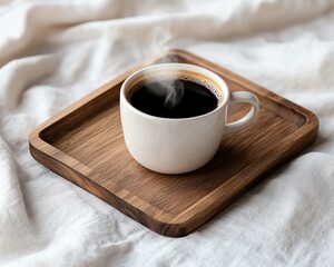 A steaming cup of coffee sits on a wooden tray, creating a cozy and inviting atmosphere perfect for relaxation.