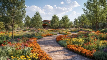 Fototapeta premium Panoramic perspective of mix-use development showing four seasons of landscaping