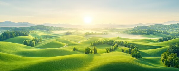 A serene landscape featuring rolling green hills bathed in warm sunlight, creating a peaceful and idyllic rural scene.