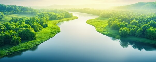 A serene landscape featuring a winding river surrounded by lush greenery and misty mountains, evoking tranquility and natural beauty.
