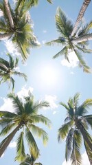 Obraz premium A serene view of palm trees against a bright blue sky, creating a tranquil tropical vibe with vivid greenery.