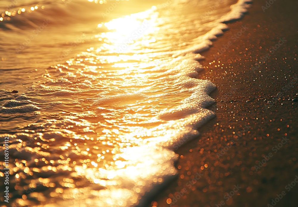 Poster a serene beach scene with golden sunlight reflecting on gentle waves and soft sand, creating a tranq