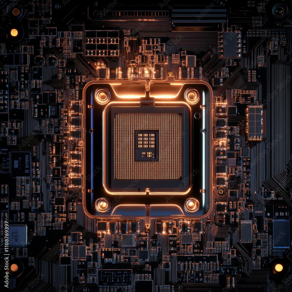 Leinwandbilder central computer processors cpu concept. motherboard digital chip. processor with lights on the blue