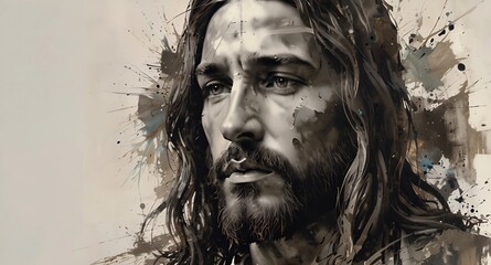 Abstract portrait of Jesus Christ face sad look gray colors