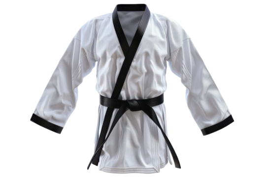 Martial arts uniform displayed on a mannequin highlighting the traditional design and craftsmanship in a dojo setting