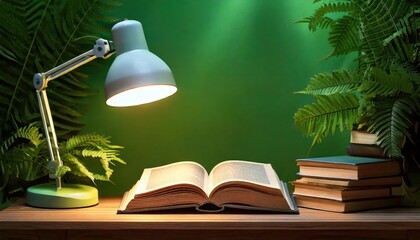  Books under lamp with leafy background, peaceful reading corner, illuminated pages, indoor 