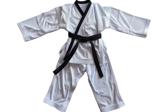 Black belt karate uniform displayed on hangers at a martial arts studio before training session on a sunny afternoon