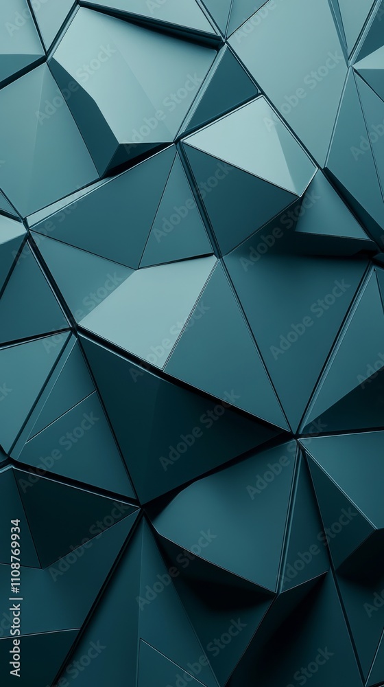 Poster abstract teal geometric pattern with dynamic shapes and reflections, creating a modern and sleek aes