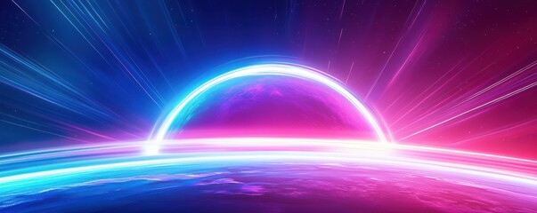 A vibrant, futuristic scene depicting a glowing horizon with dynamic light streaks in blue and pink hues against a starry background.