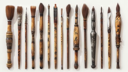 Fototapeta premium A set of traditional Chinese calligraphy brushes, isolate on white background, representing culture,