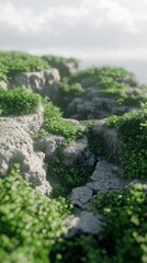 Obraz premium A serene landscape of lush greenery enveloping rocky terrain under soft sunlight.