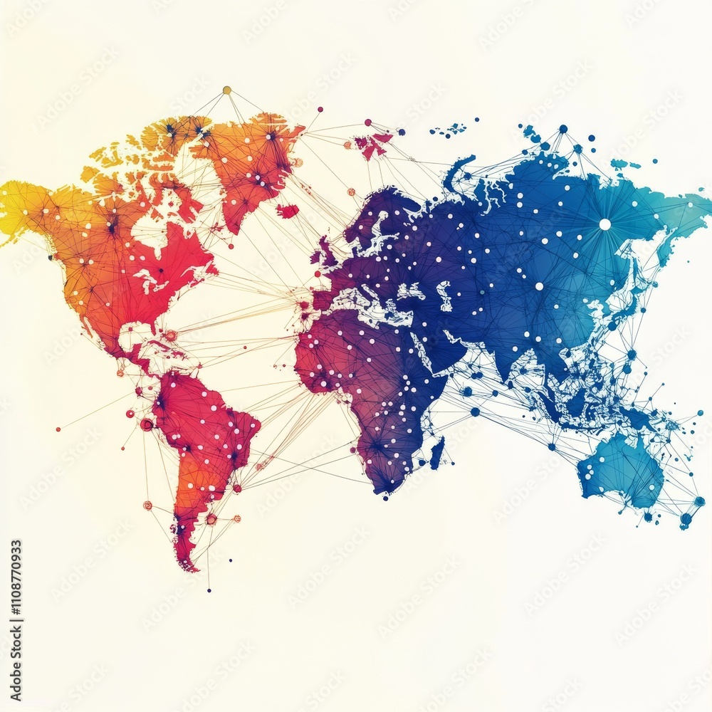 Aufkleber colored region world map with connections vector background.
