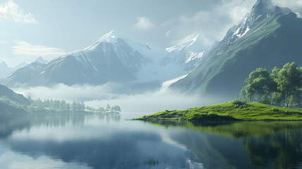 Naklejka premium Serene mountain lake reflecting snow-capped peaks and lush greenery in the morning mist.