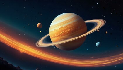 Naklejka premium Una colorida ilustración que representa un planeta gigante gaseoso con anillos rodeados de planetas o lunas más pequeños en un cielo nocturno estrellado